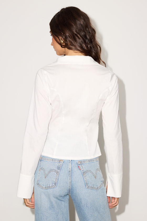 Auclair White Poplin Tie-Front Collared Long Sleeve Top