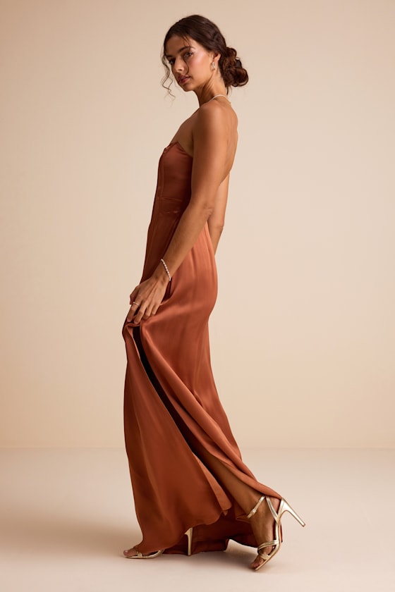 Extraordinary Presence Rust Brown Satin Strapless Maxi Dress