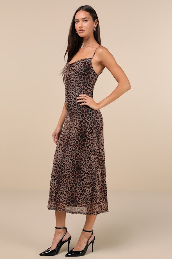 Flirty Destiny Brown Leopard Print Mesh Cowl Neck Midi Dress