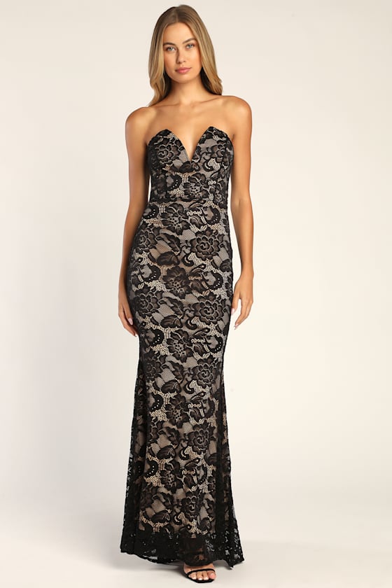 Sexy Sophistication Black Lace Strapless Trumpet Maxi Dress