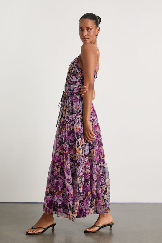 Dayah Purple Floral Ruffled Tiered Midi Dress