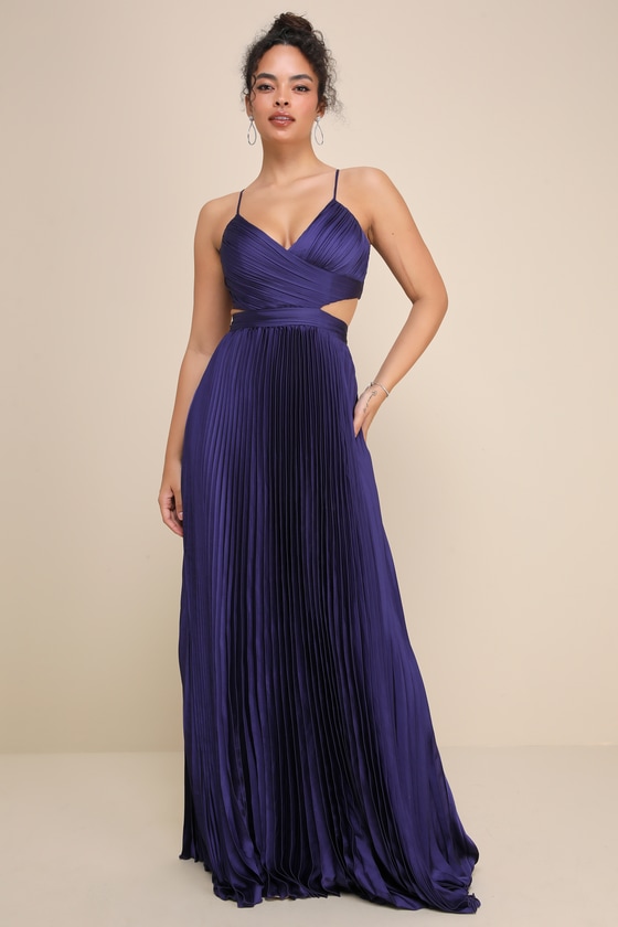 Got the Glam Navy Blue Pleated Cutout Maxi Dress