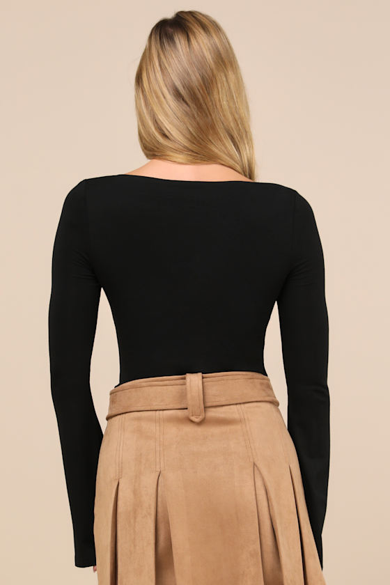 Perfectly Impressive Black Twist-Front Long Sleeve Bodysuit