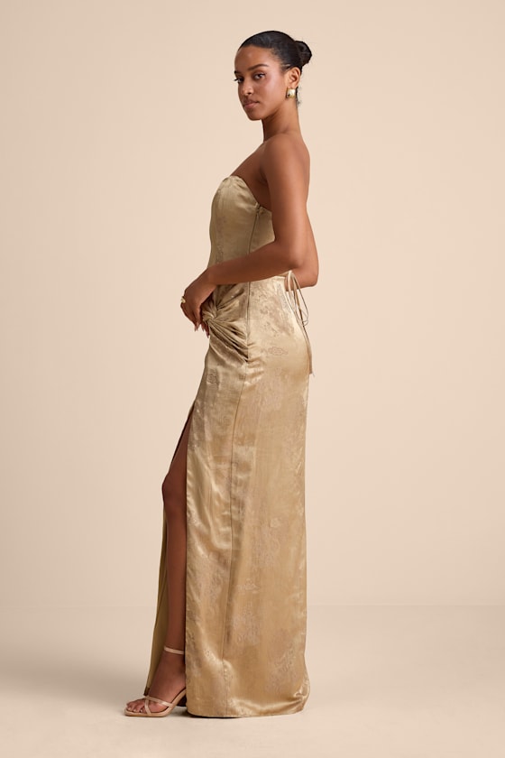 Whitney Gold Jacquard Strapless Twist-Front Maxi Dress