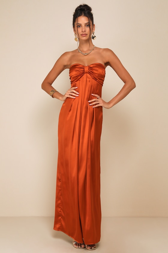 Memorable Entrance Rust Orange Strapless Satin Maxi Dress