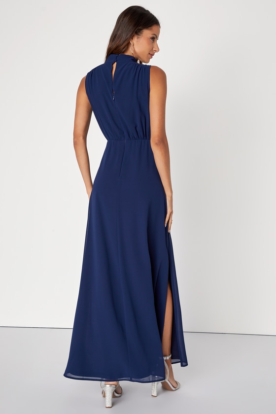 Classic Elegance Navy Chiffon Sleeveless Mock Neck Maxi Dress