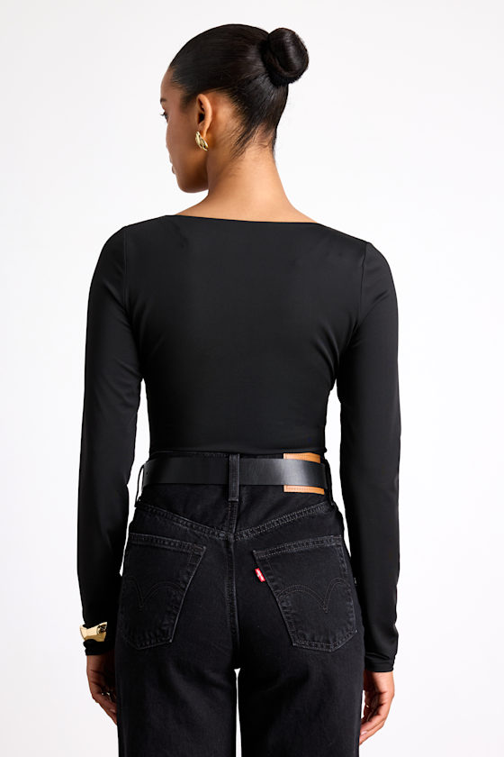 Naiari Black Slinky Knit Ruched Long Sleeve Bodysuit