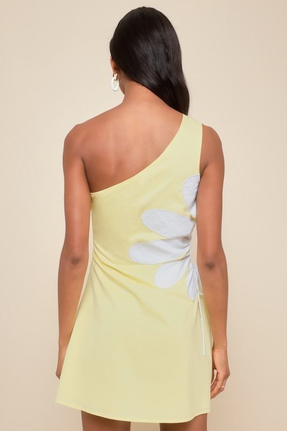 Sunny Design Yellow Cutout Flower One-Shoulder Mini Dress