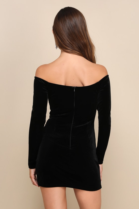Midnight Aura Black Velvet Off-the-Shoulder Mini Bodycon Dress