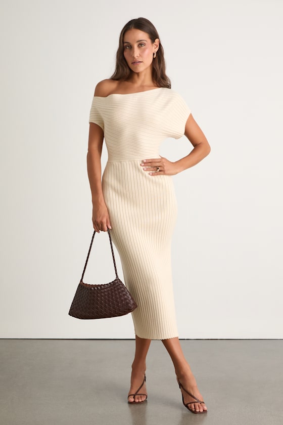 Brady Cream Ribbed Off-the-Shoulder Sweater Midi Dress