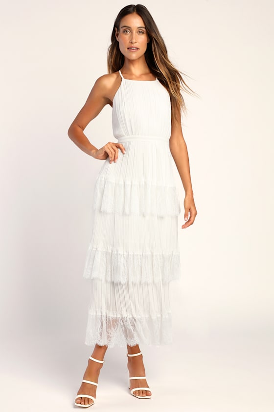 Came For Cocktails White Pleated Tiered Lace Maxi Dress
