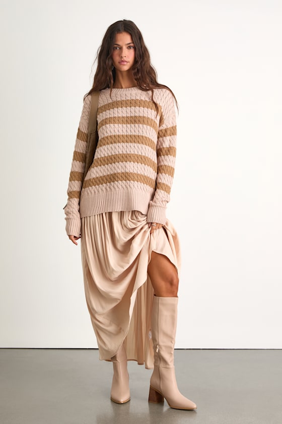 Navya Blush Striped Cable Knit Tunic Sweater