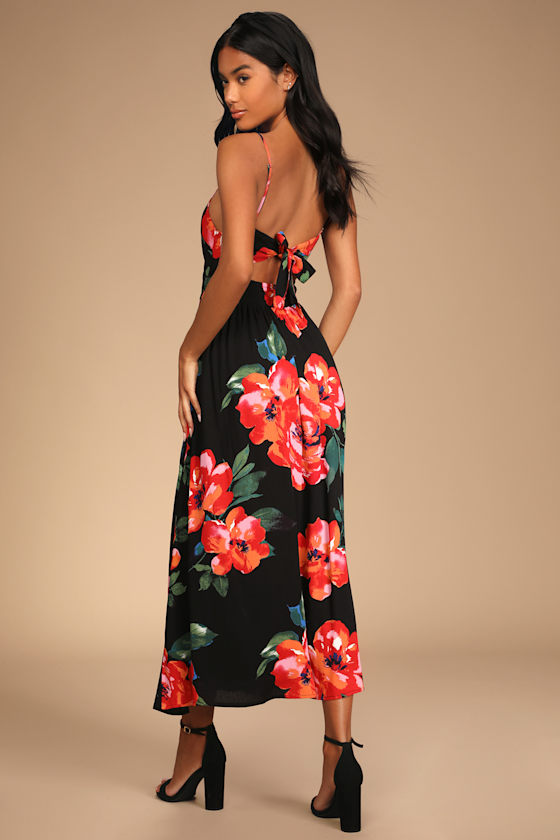 Tropical Blooms Black Floral Print Tie-Back Cutout Dress