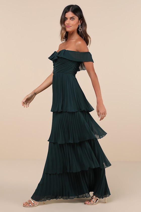 Always Remarkable Emerald Pleated Off-the-Shoulder Maxi Dress