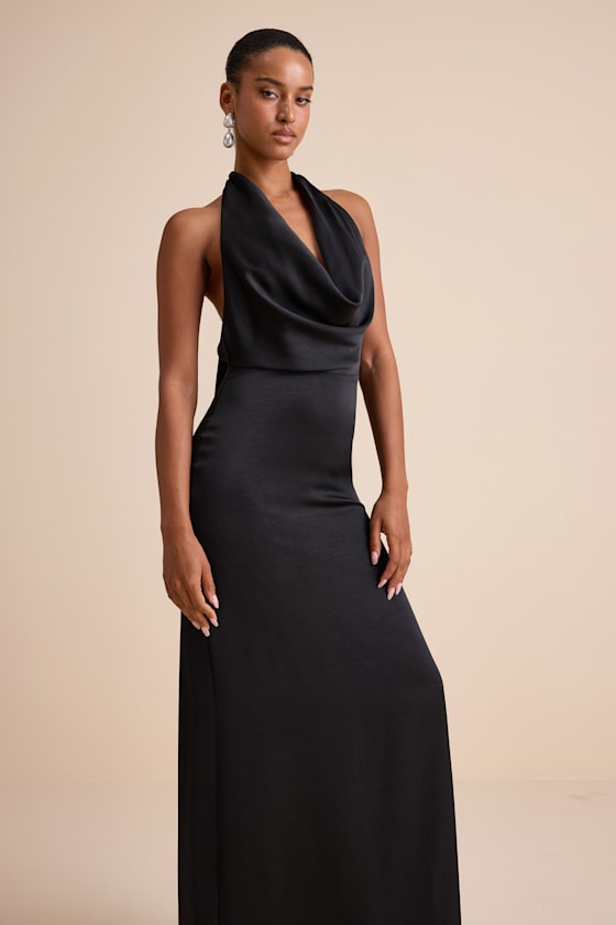 Carmelo Black Satin Halter Neck Backless Maxi Dress