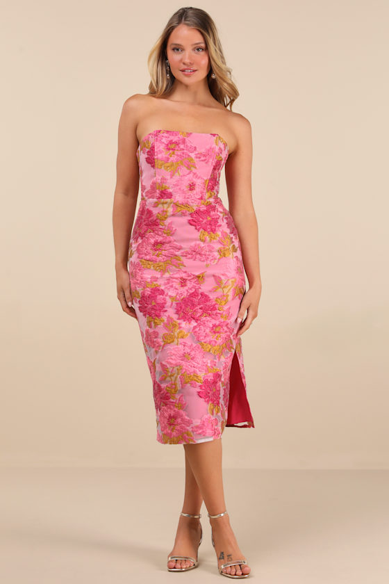 Upgraded Event Pink Jacquard Strapless Bustier Midi Dress