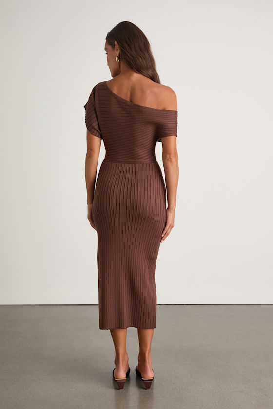 Brady Brown Ribbed Off-the-Shoulder Sweater Midi Dress