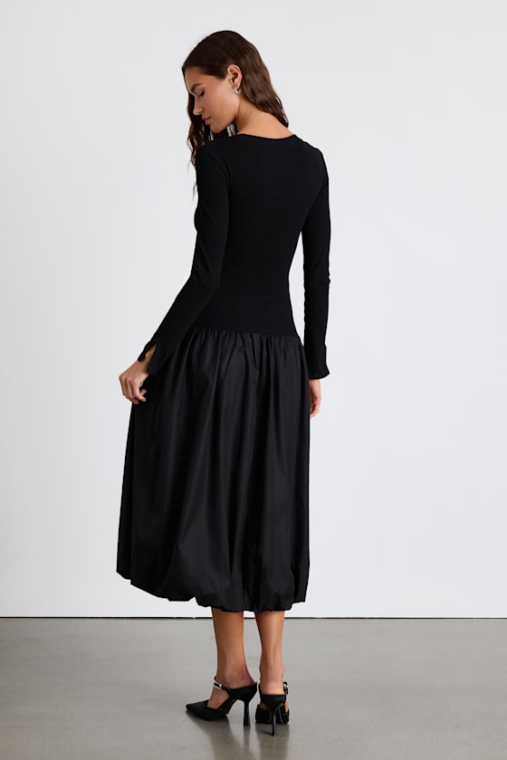 Sophisticated Chic Black Mixed Media Midi Dress