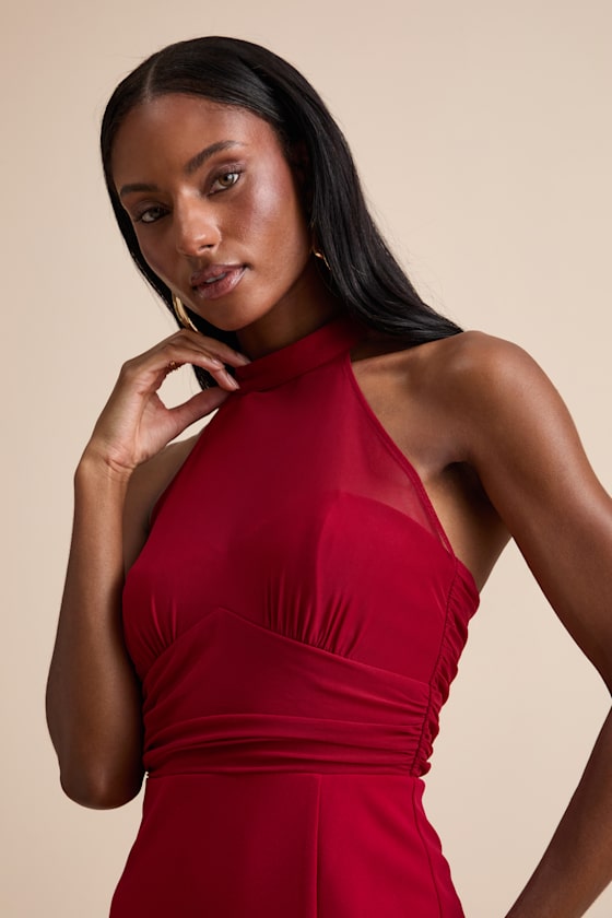 Baani Red Column Halter Maxi Dress