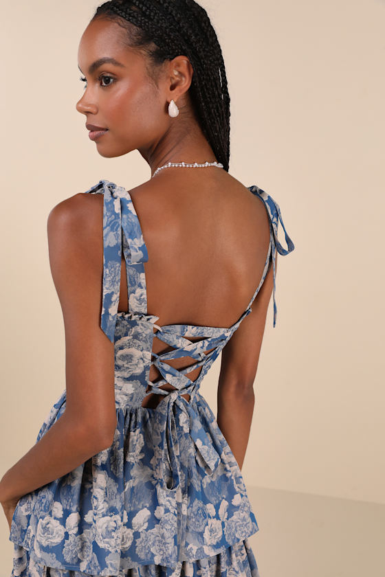 Lovely Bliss Blue Floral Jacquard Strapless Bustier Midi Dress