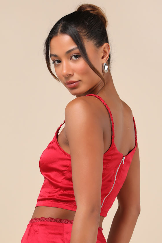 Flawless Impression Red Satin Cami Crop Top