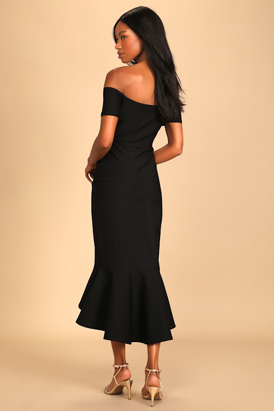 How Much I Care Black Off-the-Shoulder Midi Dress