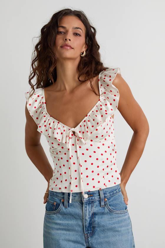 Vivi White Polka Dot Satin Ruffled Tie-Back Top