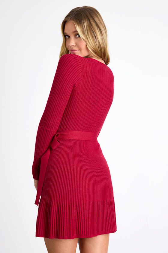 Cozy Poise Red Henley Long Sleeve Mini Sweater Dress