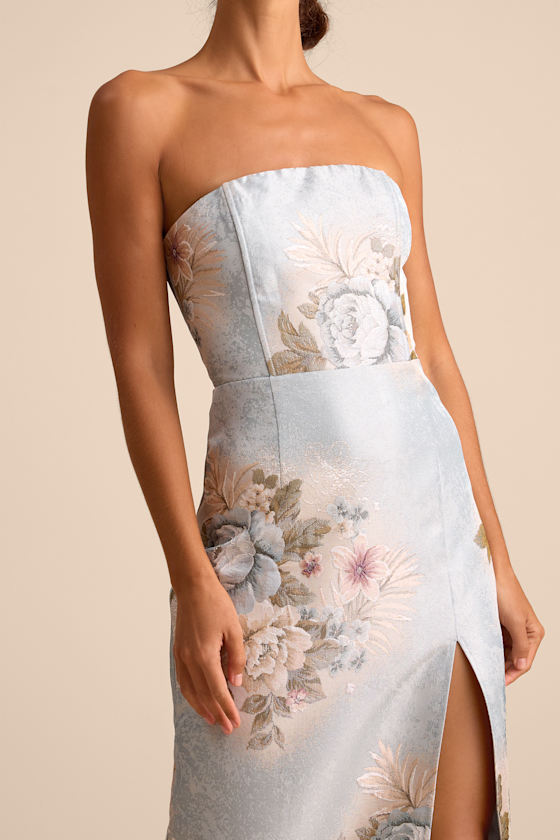 Hargrove Light Blue Floral Jacquard Strapless Midi Dress