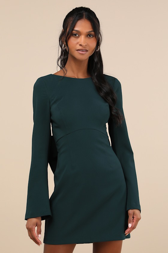 Elegant Cutie Emerald Bow Long Sleeve Backless Mini Dress