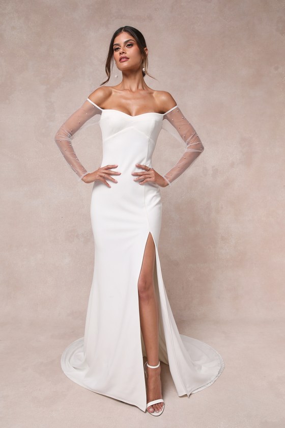 Eternally Beloved White Mesh Off-the-Shoulder Pearl Maxi Dress
