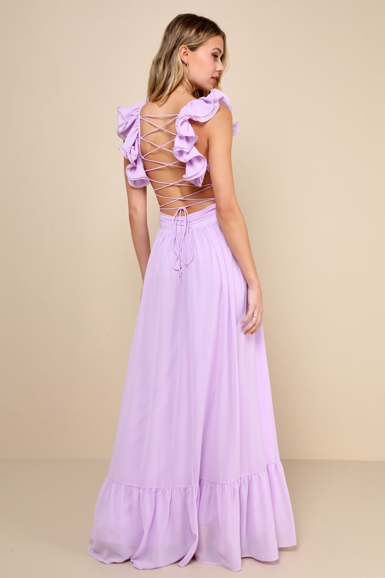 Soiree Celebration Lilac Ruffled Lace-Up Maxi Dress