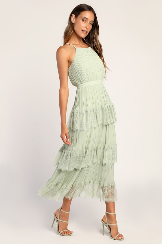Came For Cocktails Sage Green Pleated Tiered Lace Maxi Dress