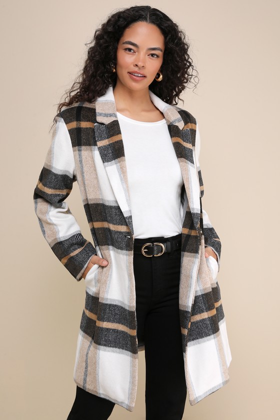 Cher Ivory Plaid Brushed Coat