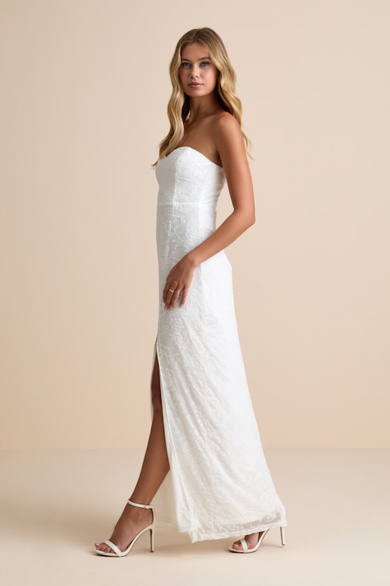 Exquisite White Velvet Burnout Strapless Maxi Dress
