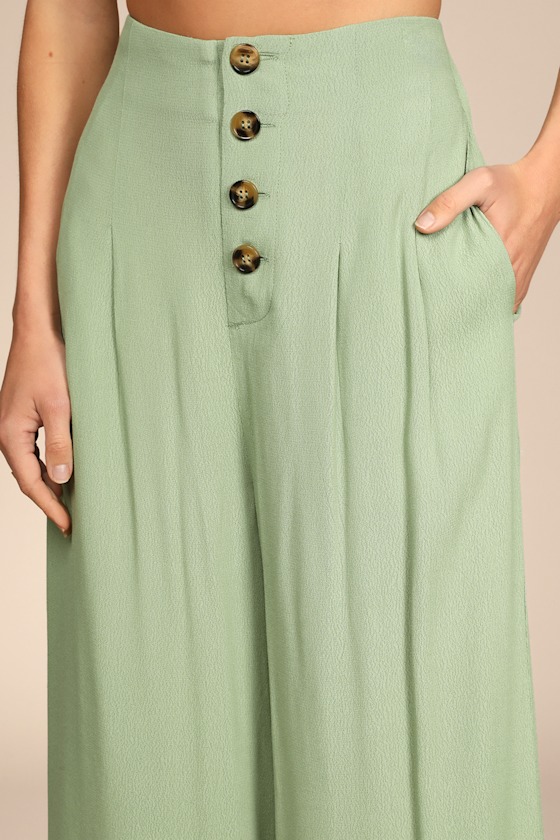 Stroll On Over Sage Green Button-Front Wide-Leg Pants