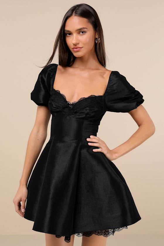 Enchanting Presence Black Taffeta Lace Puff Sleeve Mini Dress