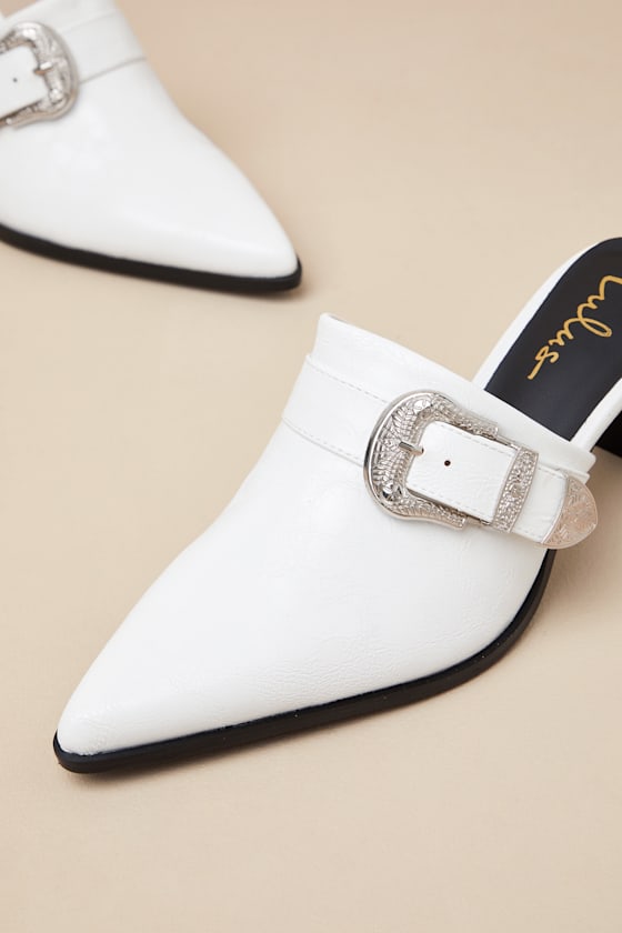 Isabetta White Pointed-Toe Buckle Mules