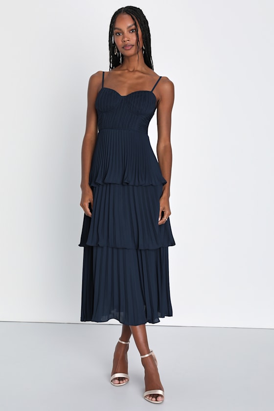 Cascading Crush Navy Blue Tiered Bustier Midi Dress