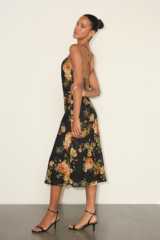 Petal Prowess Black Floral Print Lace-Up Cowl Midi Dress