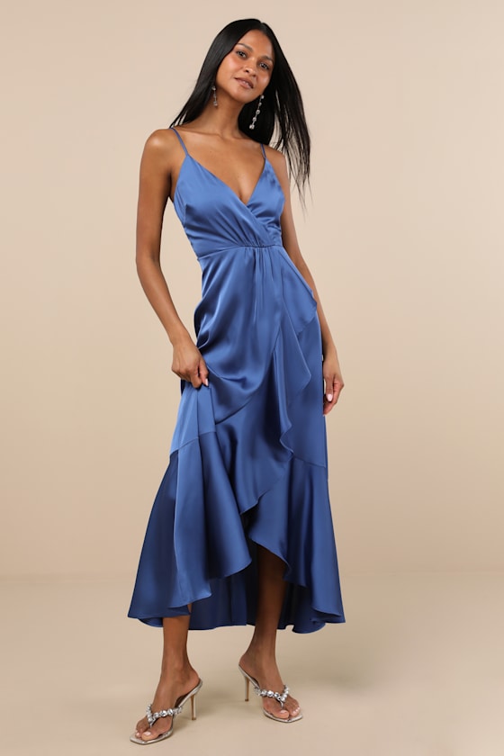 Enchanted Moments Blue Satin Ruffled High-Low Dress