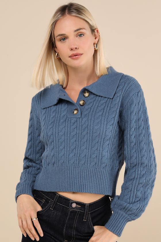 Cozy Agenda Dark Blue Collared Cable Knit Sweater
