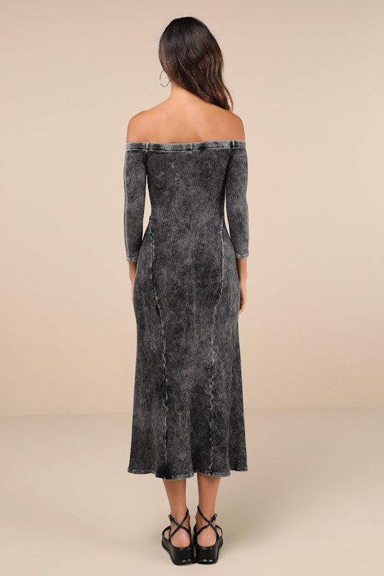 Remarkably Cool Washed Black Ribbed Off-the-Shoulder Midi Dress