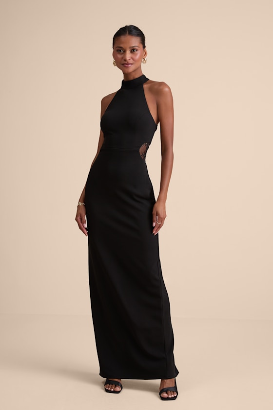 Vira Black Mock Neck Lace Cutout Maxi Dress