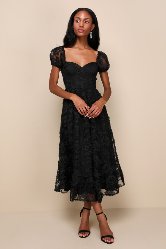 Notable Elegance Black Mesh Floral Applique Bustier Midi Dress