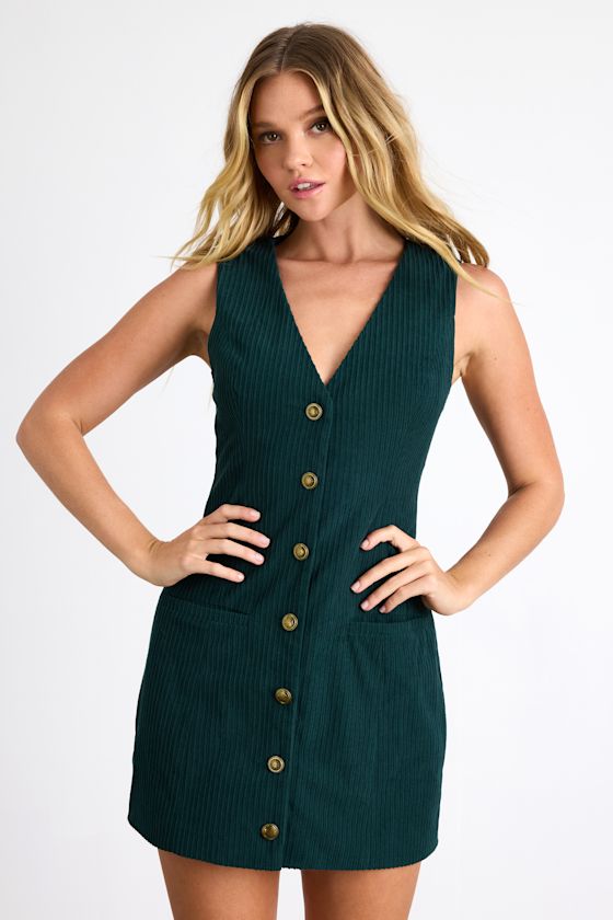 Kala Dark Green Corduroy Button-Front Mini Dress