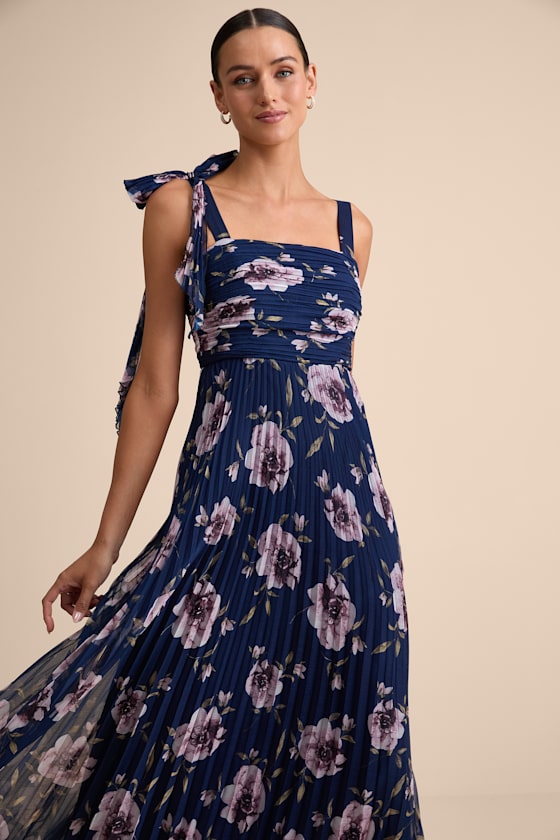 Gorgeous Purpose Navy Floral Pleated Sleeveless Bow Maxi Dress