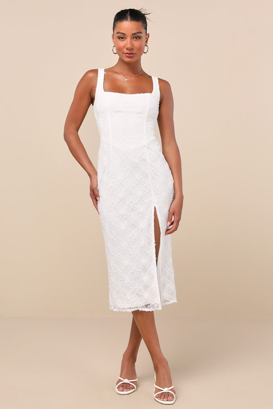 Kalani White Mesh Textured Midi Dress