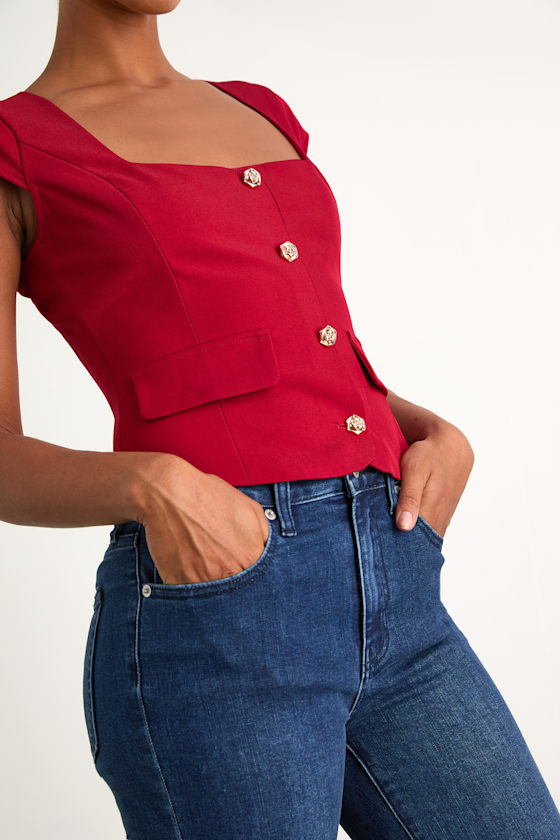 Azora Red Button-Front Cap Sleeve Top
