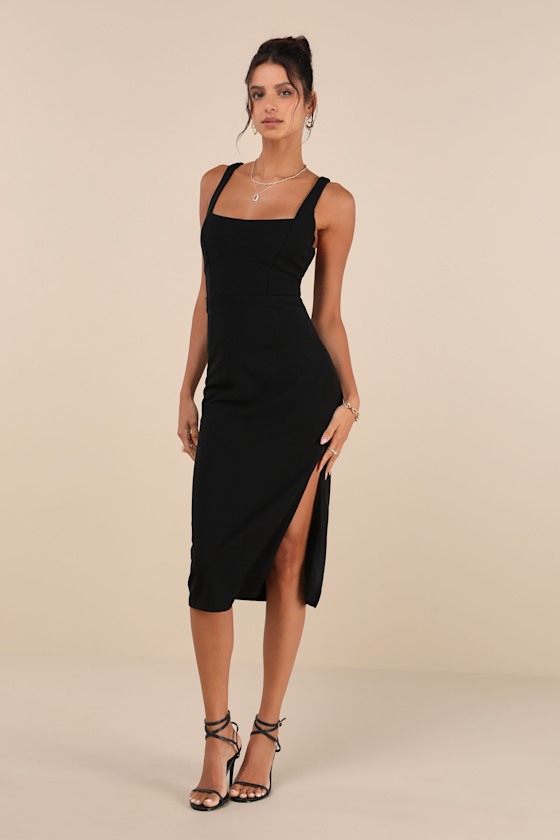 Vibrant Allure Black Square Neck Sleeveless Bodycon Midi Dress